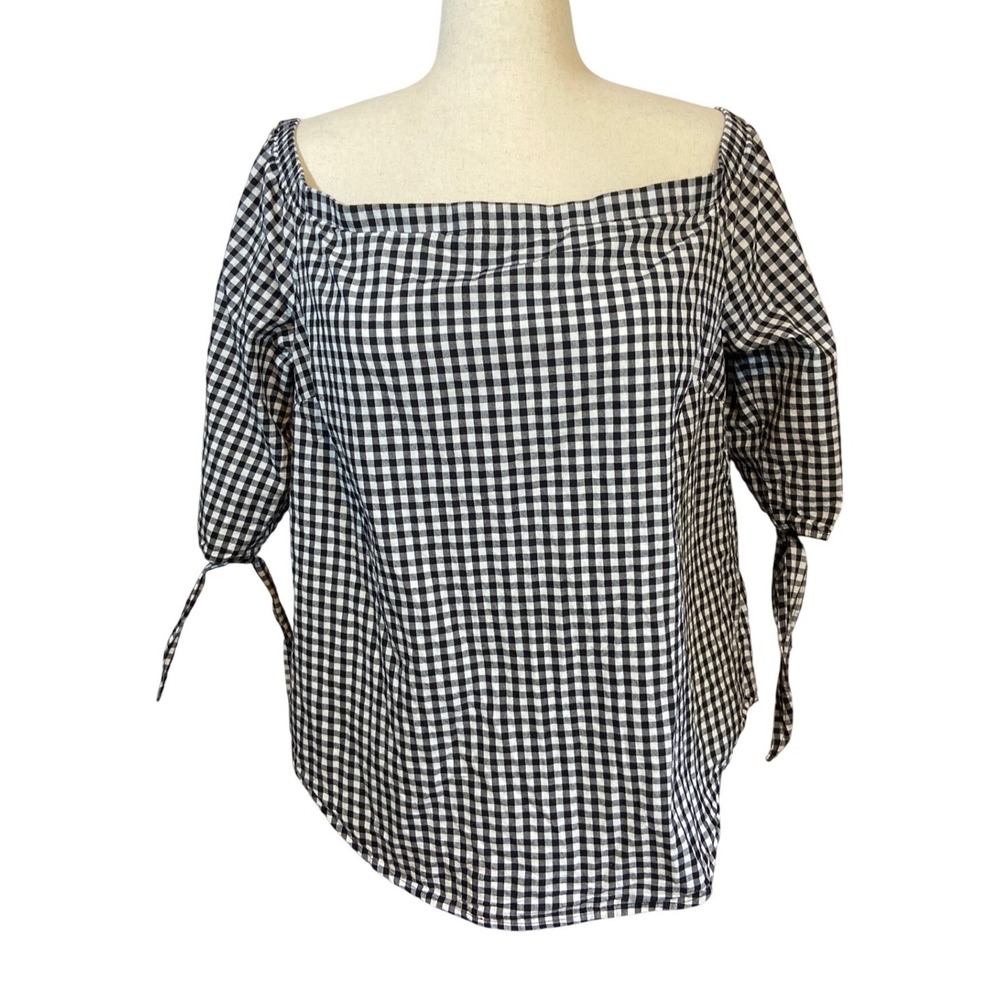 Faded Glory Gingham Off Shoulder Tie Sleeve Blouse Black White XL 16-18 Cotton